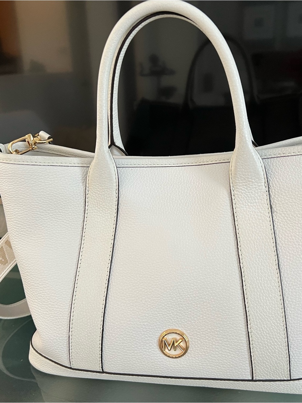 Michael Kors White Leather Satchel with Gold MK Accent